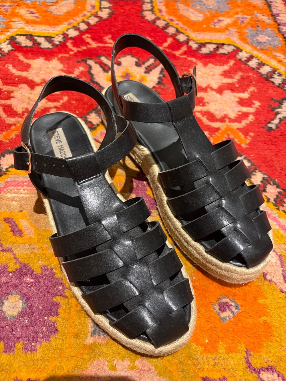 Steve Madden Marlin Black Leather Woven Fisherman Sandals